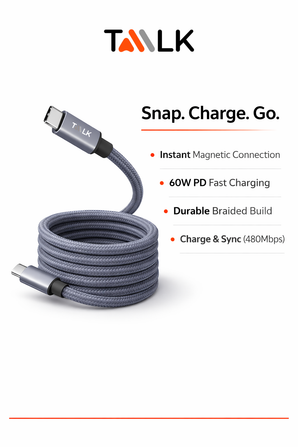 60W Magnetic USB-C Fast Charging Cable – PD 3.0, 3A Braided Nylon with Aluminum Alloy Connector