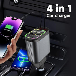 4-in-1 Retractable Car Charger with Starry Sky Projector – 120W Fast Charging, QC/PD Compatible for iPhone & Android